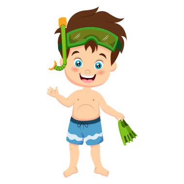 Çizgi filmdeki küçük çocuk dalgıcın vektör çizimi