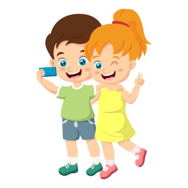 Şirin küçük kız ve oğlanın vektör illüstrasyonu selfie çekiyor.