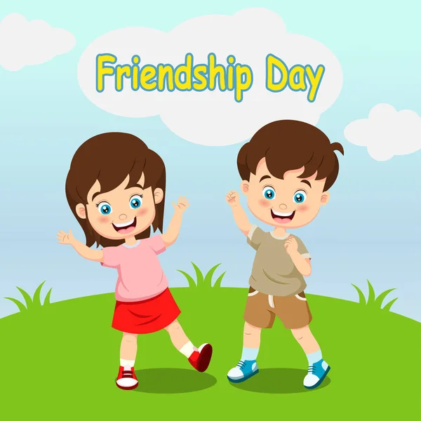 Happy Friendship Dayのベクトルイラスト 草の中のかわいい子供の漫画 — ストックベクタ