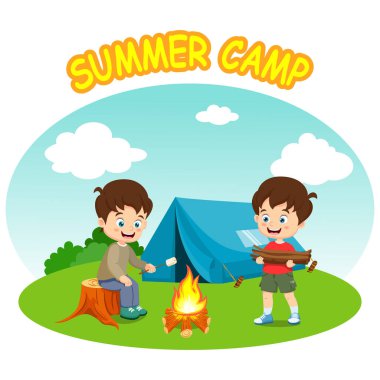 Yaz kampında şenlik ateşinde marşmelov kızartan çocukların vektör illüstrasyonu