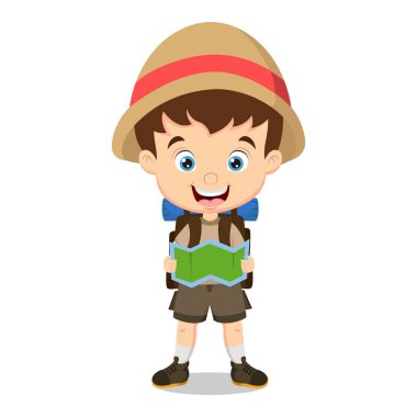 Çizgi film kaşifinin elinde harita olan vektör illüstrasyonu