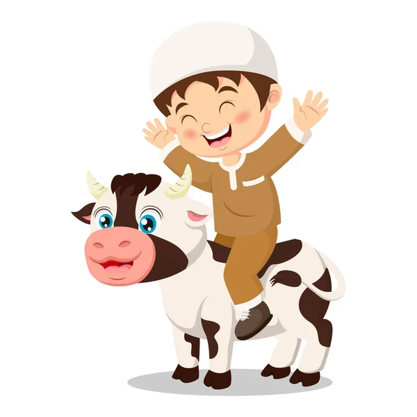 Vector Illustration Cute Muslim Boy Cartoon Celebrating Eid Adha Cow — Stock Vector