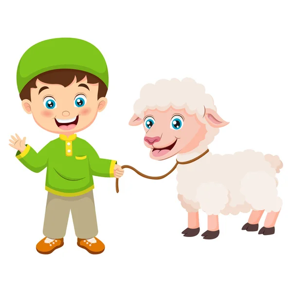 Vector Illustration Cute Cartoon Muslim Boy Celebrating Eid Adha Lamb — Stock Vector