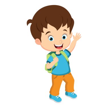 Çizgi film kahramanı küçük okul çocuğunun el sallaması.