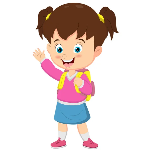 Vector Illustration Cartoon Little School Girl Waving Hand — 图库矢量图片