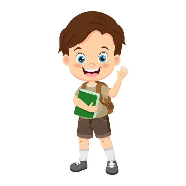 Vector Illustration Cartoon Little School Boy Waving Hand — Vector de stock