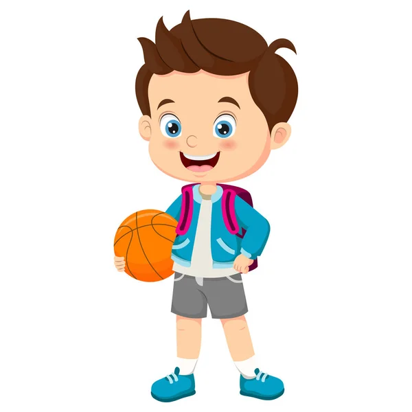 Векторна Ілюстрація Мультиплікаційного Хлопчика Школи Тримає Баскетбол — стоковий вектор