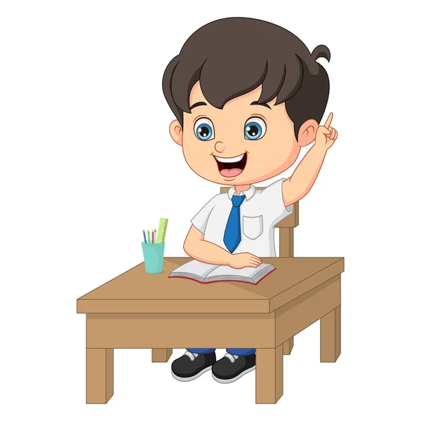 Vector Illustration Cute Little Boy Sitting Desk Raising His Finger — Stockvektor