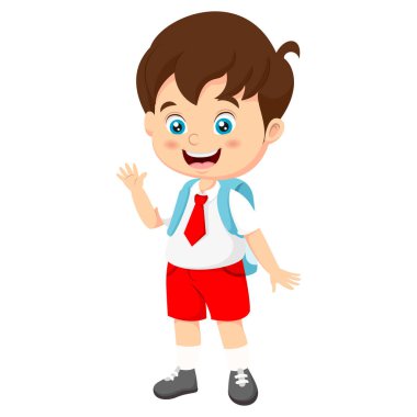 Vector Illustration of Cute Indonesian elementary school boy wearing red and white uniform waving hand