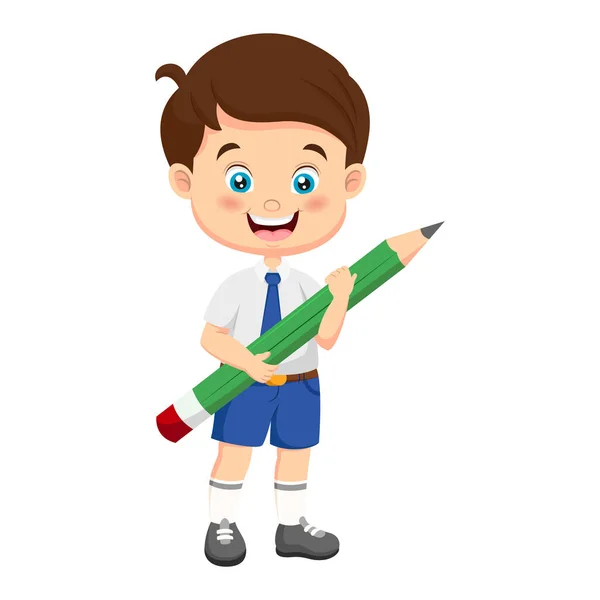Vector Illustration Cute School Boy Holding Big Pencil — Wektor stockowy