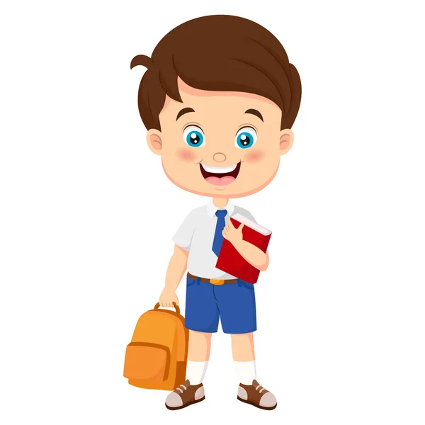 Vector Illustration Cute School Boy Holding Book Bag — Vetor de Stock