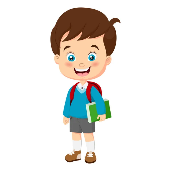 Vector Illustration Cartoon Little School Boy Holding Book — стоковый вектор