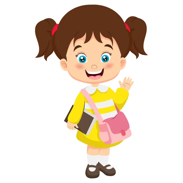 Vector Illustration Cartoon Little School Girl Waving Hand — Stockvektor