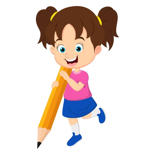 Vector Illustration Cute Little Girl Holding Big Pencil —  Vetores de Stock