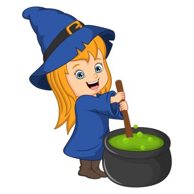 Vector Illustration of Cute little witch cooking a potion in cauldron