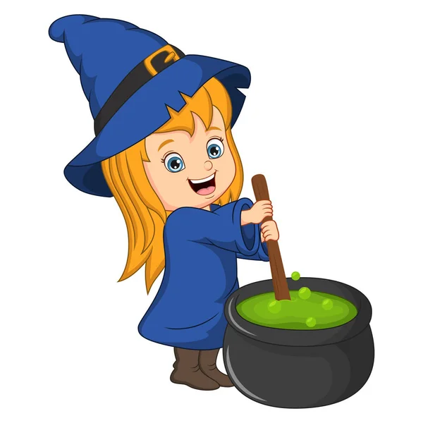 Vector Illustration Cute Little Witch Cooking Potion Cauldron — Wektor stockowy