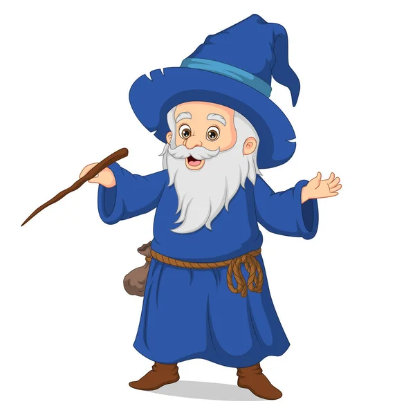 Vector Illustration Cute Old Wizard Cartoon Magic Wand — Stock Vector