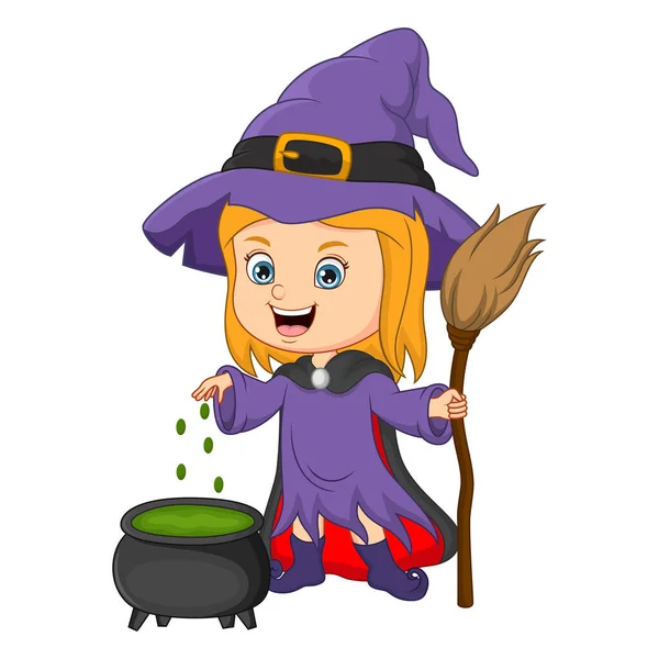 Vector Illustration Cute Little Witch Cooking Potion Cauldron — Stock Vector