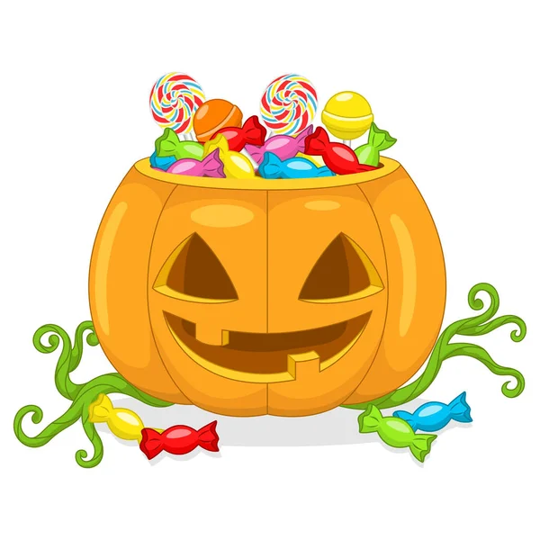 Vector Illustration Pumpkin Basket Halloween Candies — Stok Vektör