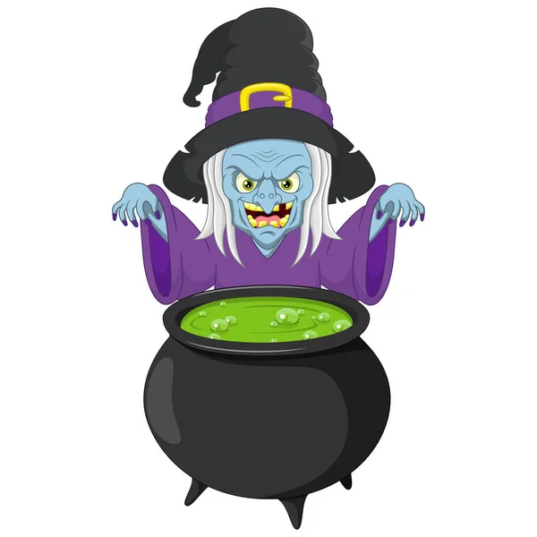 Vector Illustration Cute Old Witch Cartoon Cauldron — Stok Vektör