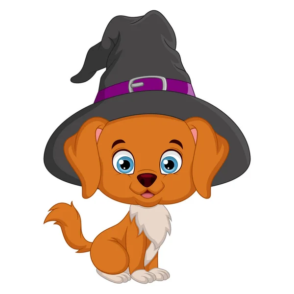 Vector Illustration Cute Little Dog Cartoon Witch Hat — Wektor stockowy