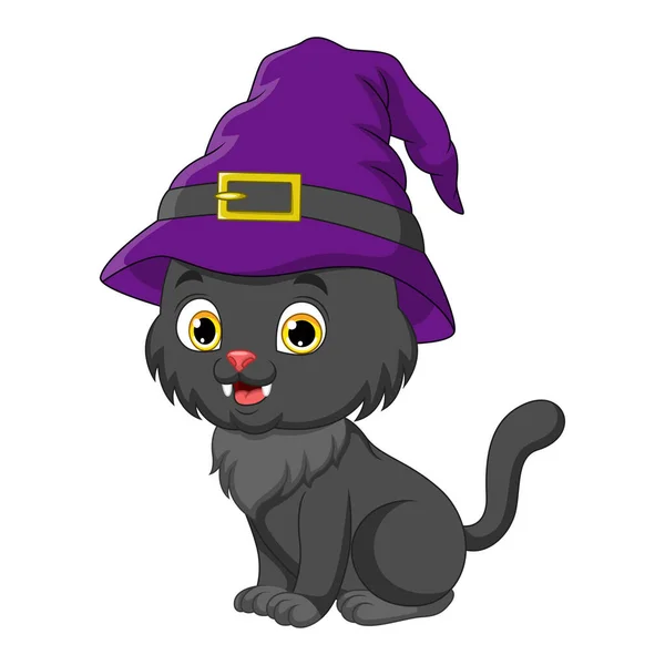 Vector Illustration Cute Black Cat Cartoon Witch Hat — 스톡 벡터