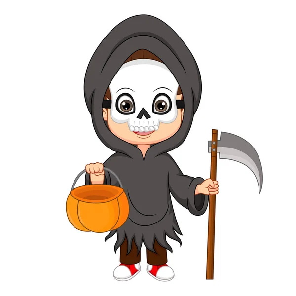 Vector Illustration Cute Little Boy Wearing Grim Reaper Costume — 스톡 벡터