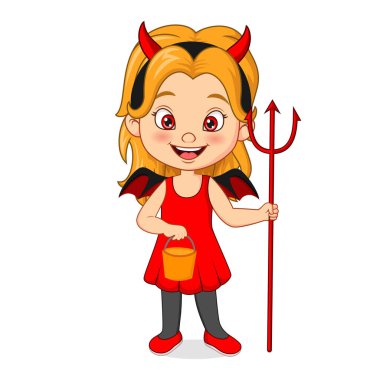 Vector Illustration of Cartoon little girl wearing halloween devil costume