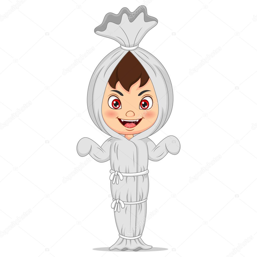 Vector Illustration of Cute boy cartoon wearing in a ghost costume
