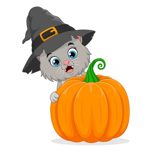 Vector Illustration Cartoon Cat Witch Hat Pumpkin — Wektor stockowy