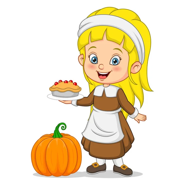 Vector Illustration Cute Little Pilgrim Girl Cartoon Holding Pumpkin Pie — Wektor stockowy