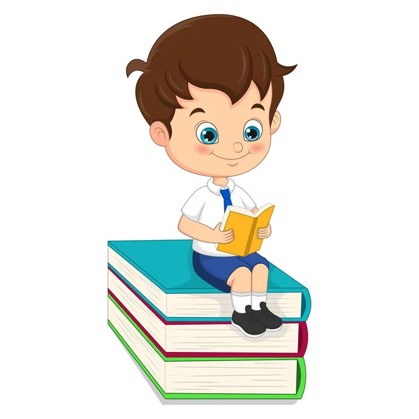 Vektor Illusztráció Aranyos Iskolás Fiú Olvas Egy Könyvet — Stock Vector
