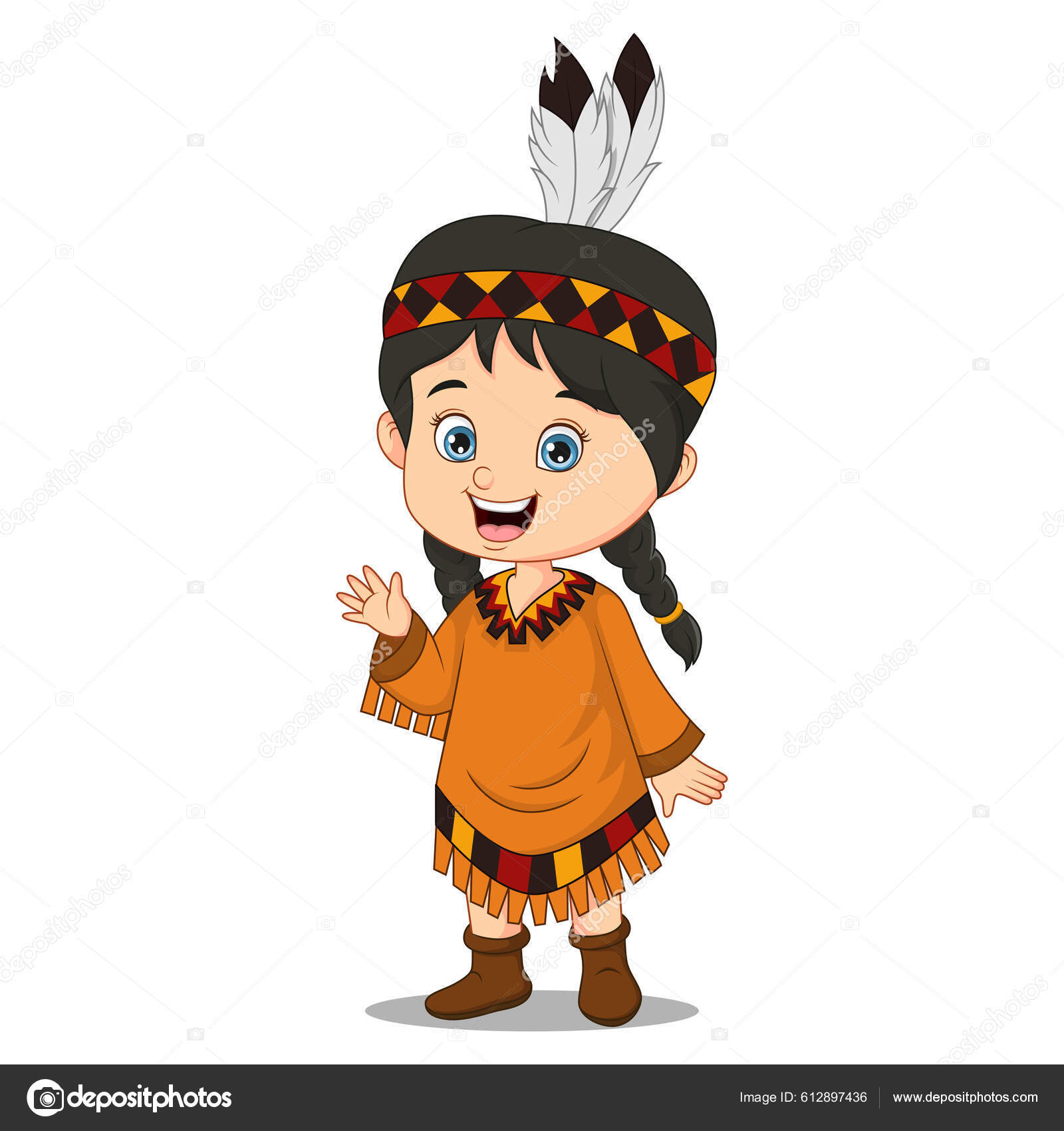 Vector Ilustração Dos Desenhos Animados Menina Indiana Americana Acenando  Mão Vetor de ©Mimosastudio 612897436, image size:1600x1700