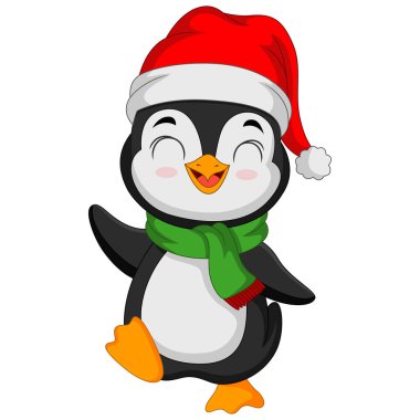 Noel Baba şapkası ve eşarp takan Şirin Penguen 'in Vektör İllüstrasyonu