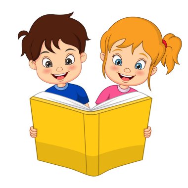 Şirin bir çocukla kızın birlikte kitap okumasının vektör çizimi.