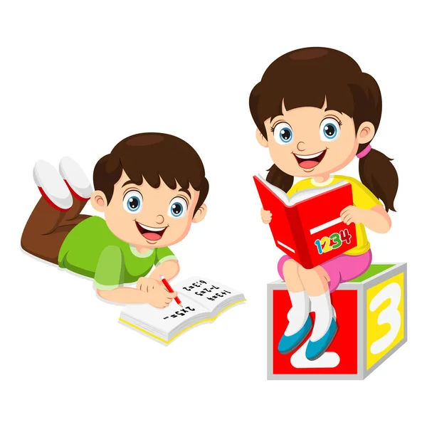 Vector Illustration Cute Little Boy Girl Study Together — Stock Vector