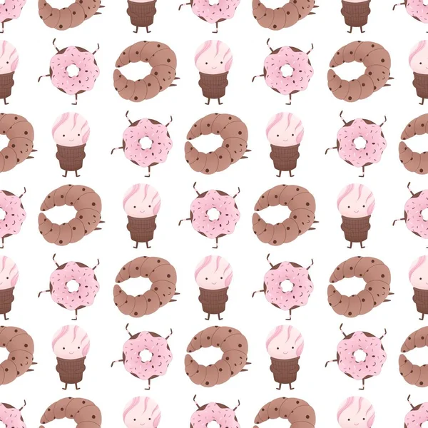 Süßes Muster Mit Brötchen Donut Und Eis — Stockfoto