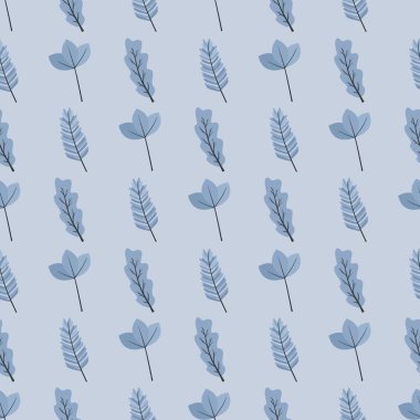 Basit bir çiçek deseni. Mavi arka planda bir bitkinin güzel küçük yaprakları.