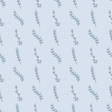 Basit bir çiçek deseni. Mavi arka planda bir bitkinin güzel küçük yaprakları.