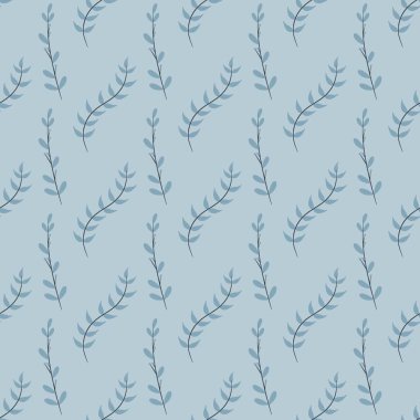 Basit bir çiçek deseni. Mavi arka planda bir bitkinin güzel küçük yaprakları.