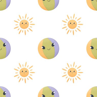 Çocuklar için sevimli yaz şablonu - güneş ve top