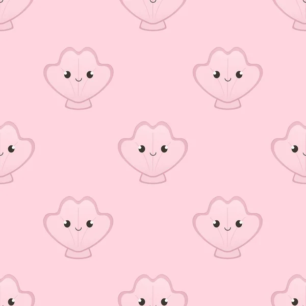 Cute Summer Pattern Kids Seashells Pink Background — Stock Photo, Image