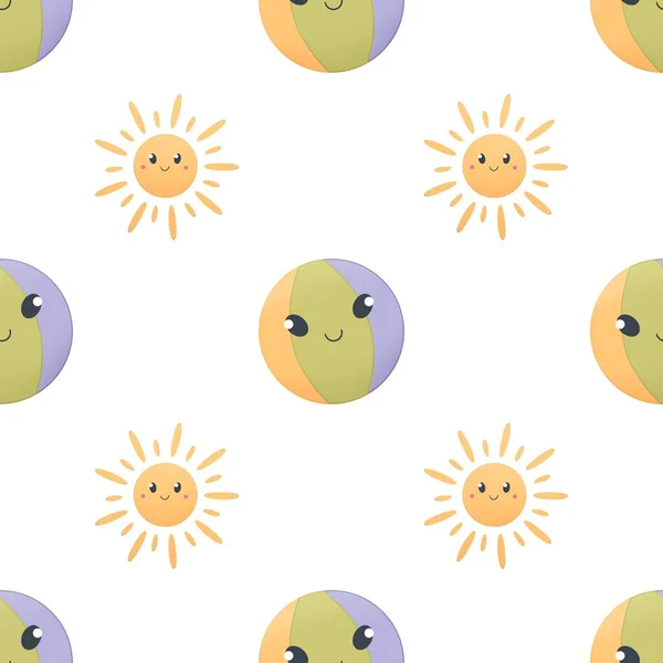 Ładny Letni Wzór Dla Dzieci Słońce Piłka — Zdjęcie stockowe