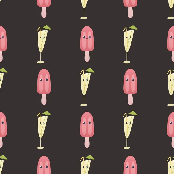 Cute Summer Pattern Kids Ice Cream Glass Juice Dark Background — Stock Photo, Image