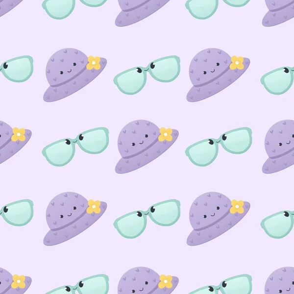 Cute Childish Summer Pattern Hat Sunglasses Light Purple Background — Stock Photo, Image