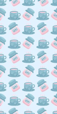 Sıcak içecek bardağı ve reçel kavanozlarıyla kış deseni