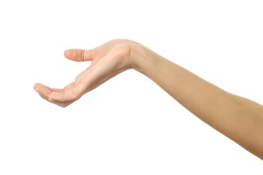Vermek, uzanmak ya da el ele tutuşmak. Beyaz arka planda izole edilmiş Fransız manikürlü kadın eli. Dizinin bir parçası