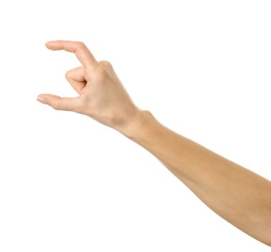 Görünmez nesne ölçülüyor. Beyaz arka planda izole edilmiş Fransız manikürlü kadın eli. Dizinin bir parçası