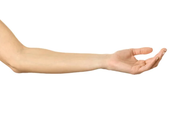Ausgestreckte Weibliche Hand Frau Hand Mit Französischer Maniküre Gestikuliert Isoliert — Stockfoto