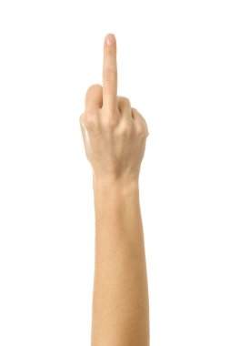 Orta parmak hareketi. Beyaz arka planda izole edilmiş Fransız manikürlü kadın eli. Dizinin bir parçası